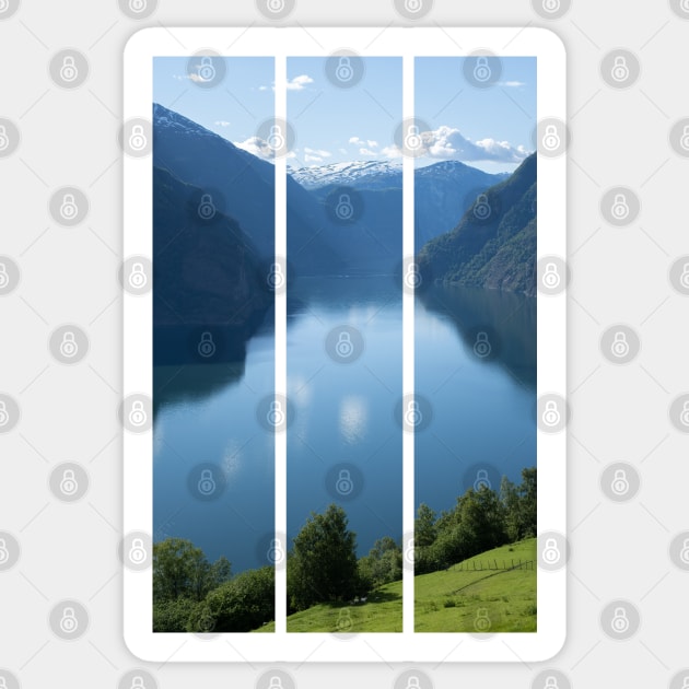 Wonderful landscapes in Norway. Vestland. Beautiful scenery of Aurland fjord from the Aurlandsvangen view point facing to the village of Aurland and Flam. Sunny day (vertical) Sticker by fabbroni-art